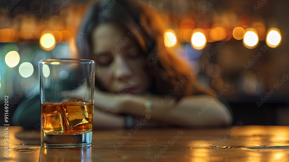 An alcoholic woman fell asleep at the table with a glass of alcohol An alcoholic woman fell asleep at the table with a glass of alcohol