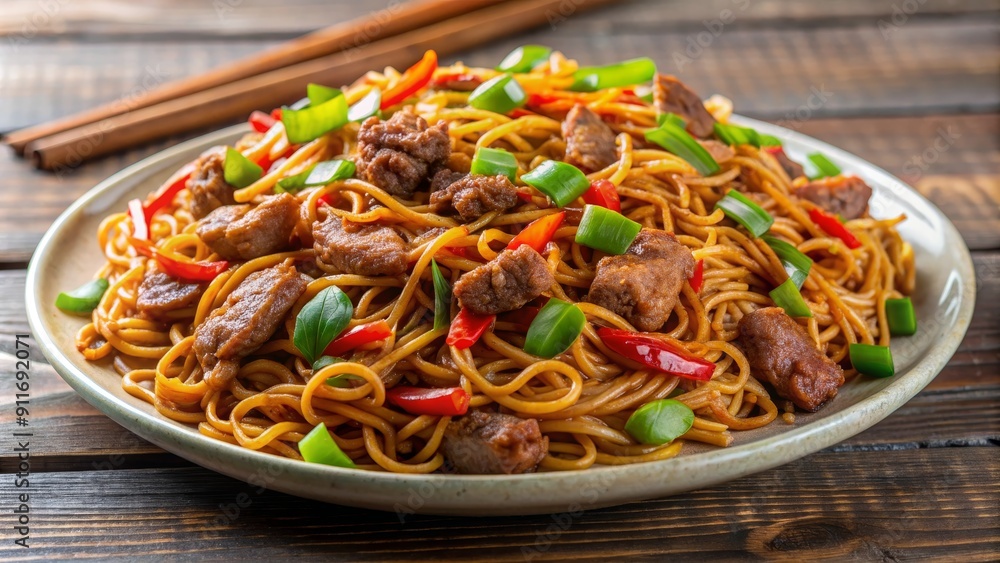 Stir-fried Noodles with Pork, Bell Peppers, and Green Onions on a Rustic Wooden Table, Noodles, Chinese Food, Stir-fry, Asian Cuisine Stir-fried Noodles with Pork, Bell Peppers, and Green Onions on a Rustic Wooden Table, Noodles, Chinese Food, Stir-fry, Asian Cuisine