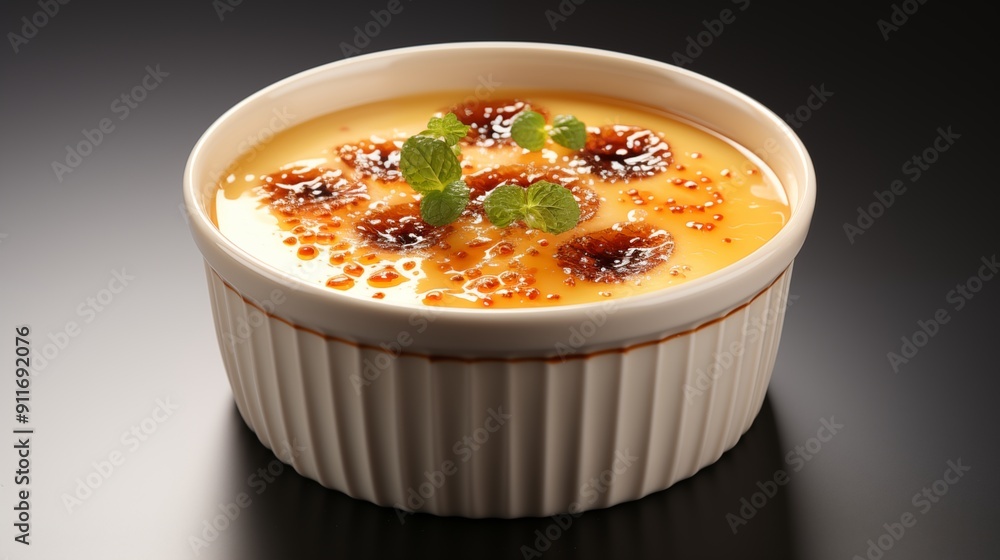 Detailed view of a fresh creme brulee, featuring delicious textures, front view from above, studio lighting, white background. Detailed view of a fresh creme brulee, featuring delicious textures, front view from above, studio lighting, white background.