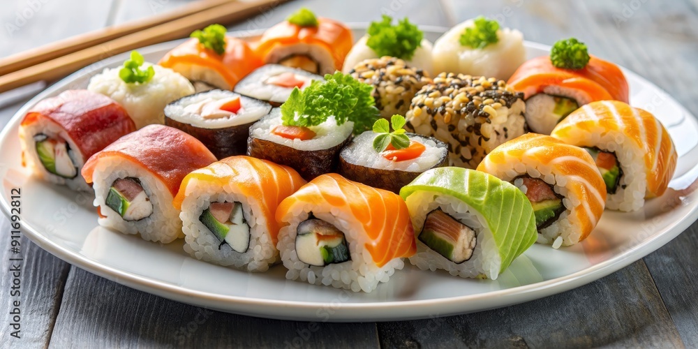 Sushi Rolls on White Plate, Salmon, Tuna, Avocado, Sushi , Japanese, food Sushi Rolls on White Plate, Salmon, Tuna, Avocado, Sushi , Japanese, food