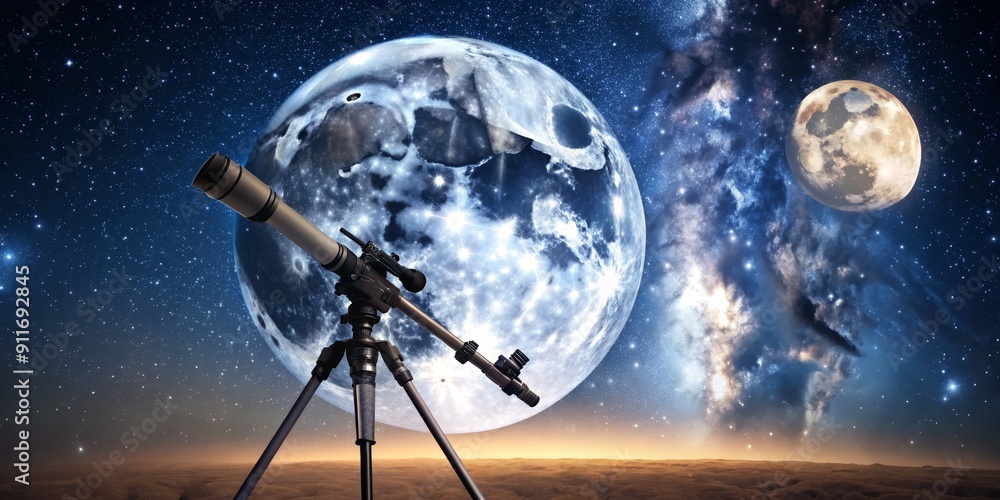 Telescope Focused on a Full Moon in a Starry Sky, Digital Art, Moon, Stars, Night Sky , space, astronomy