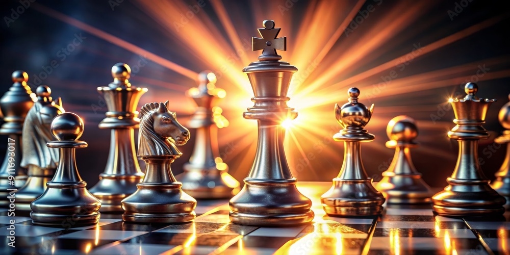 The King's Gambit A 3D Composition of Chess Pieces Bathed in Golden Light, Strategy , Chess , Game , Leadership The King's Gambit A 3D Composition of Chess Pieces Bathed in Golden Light, Strategy , Chess , Game , Leadership