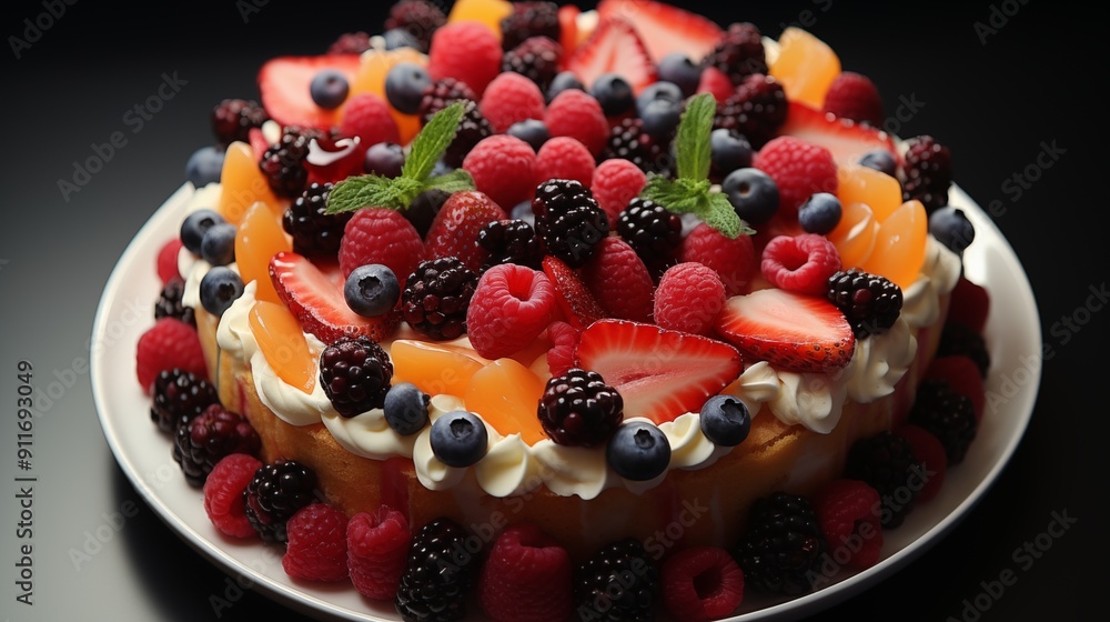 Detailed view of a fresh fruit cake, highlighting delicious textures, front view from above, studio lighting, white background. Detailed view of a fresh fruit cake, highlighting delicious textures, front view from above, studio lighting, white background.