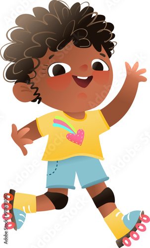 Little African American girl skating, kids character graphic cartoon. Childhood sport activity, happy schoolgirl wearing roller skates. Sports and activity vector clip art illustration for children.