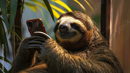 Cute sloth with a smartphone in his hand