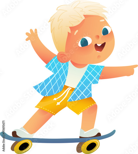 Cute cheerful blond boy boy riding skateboard or longboard, kids character graphic cartoon. Childhood sportive activity, happy boy on board. Children activity vector clip art illustration.