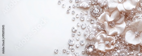 Elegant arrangement of pearls, crystals, and satin flowers on a white background, perfect for wedding or luxury themes.