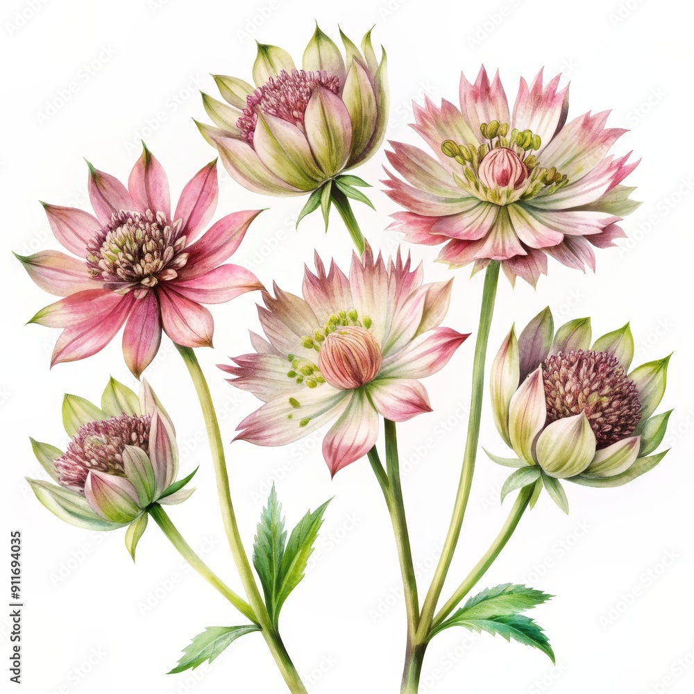 Obraz premium Watercolor Bouquet of Pink and Green Flowers, Watercolor Painting, Floral Art, Flower Illustration, Botanical Art, flower, art