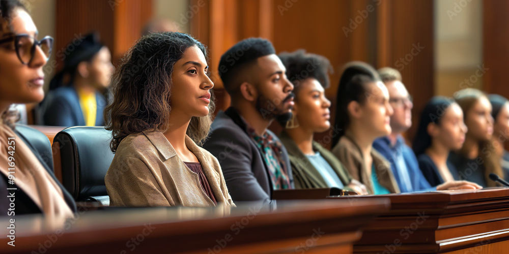 A diverse group of jurors sitting in a jury box, focused and attentive, during a trial in a traditional courtroom setting. A diverse group of jurors sitting in a jury box, focused and attentive, during a trial in a traditional courtroom setting.
