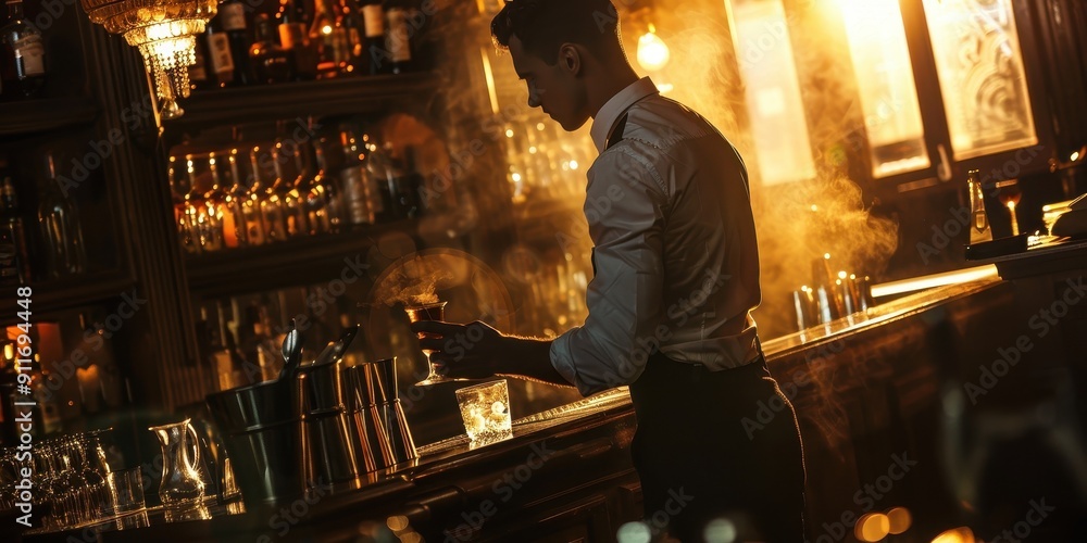 A man in a white shirt and black pants is pouring a drink into a glass A man in a white shirt and black pants is pouring a drink into a glass