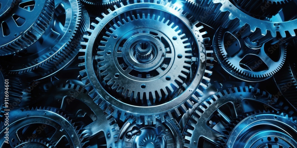 A close up of a blue and silver gear with a blue background A close up of a blue and silver gear with a blue background