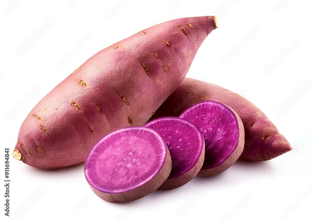 purple sweet yam whole and slice isolated on white background purple sweet yam whole and slice isolated on white background
