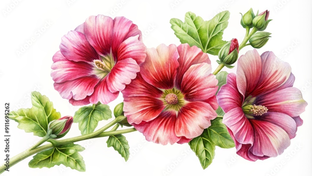 Obraz premium Watercolor Painting of Hollyhock Flowers in Bloom, watercolor , floral , flower , botanical , plant