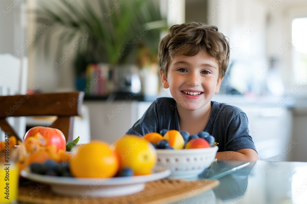 Smiling boy enjoying a healthy breakfast with fresh fruits at the kitchen table Smiling boy enjoying a healthy breakfast with fresh fruits at the kitchen table