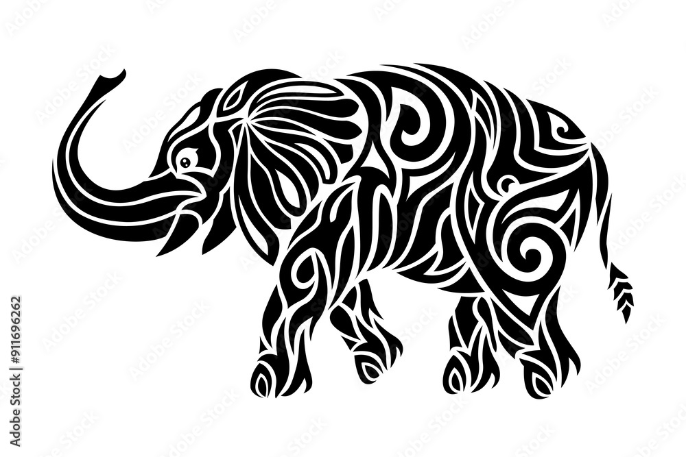 Black and white tattoo art with stylized elephant Black and white tattoo art with stylized elephant