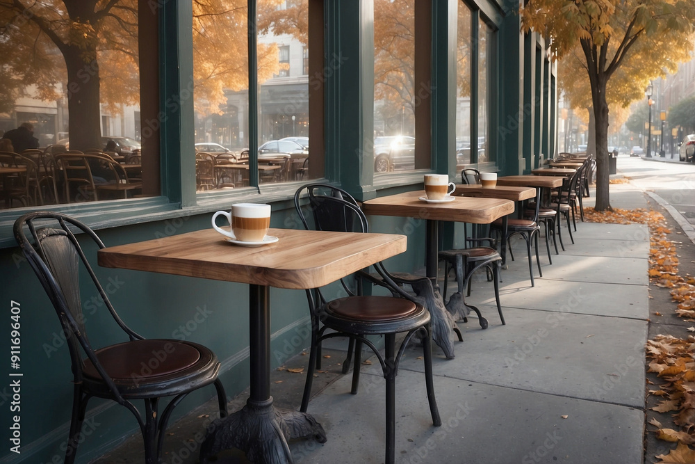 Naklejka premium Pair of Tables on Sidewalk at Autumn Outdoor Cafe
