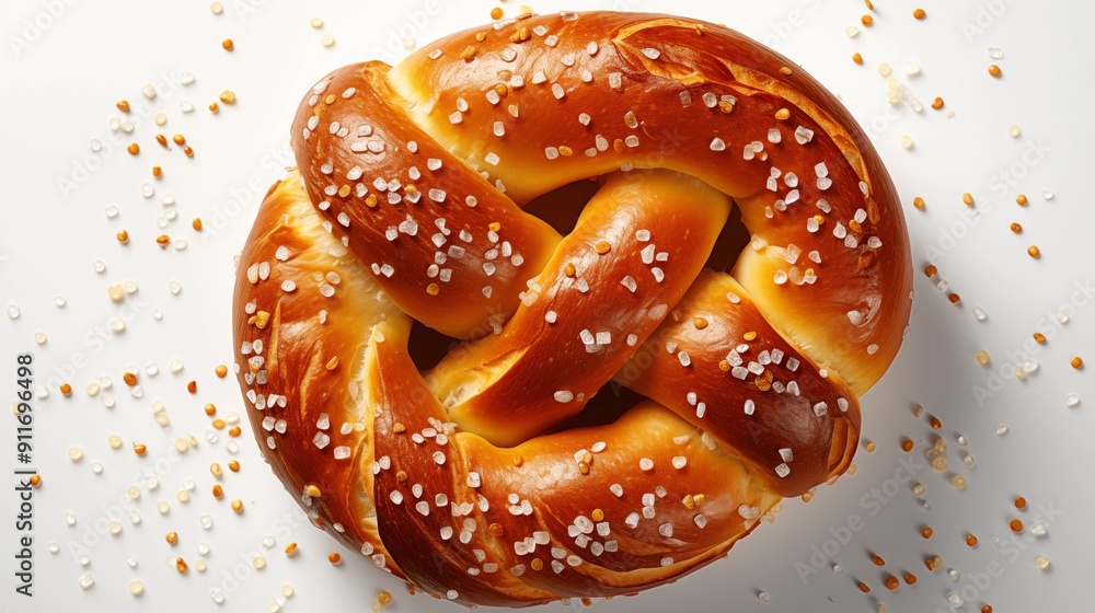 Detailed view of a fresh pretzel, featuring delicious textures, front view from above, studio lighting, white background. Detailed view of a fresh pretzel, featuring delicious textures, front view from above, studio lighting, white background.