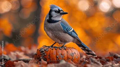 Blue Jay on Pumpkin in Autumn photo