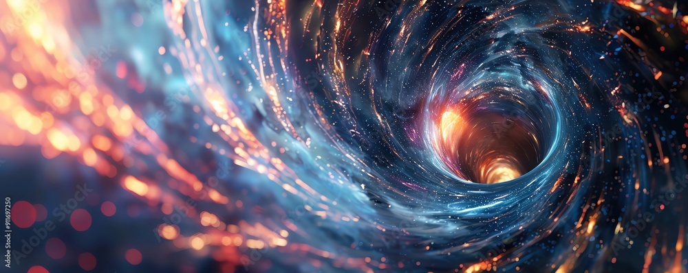 Obraz premium Black hole warping spacetime with vibrant light trails, spacetime distortion, relativity in action