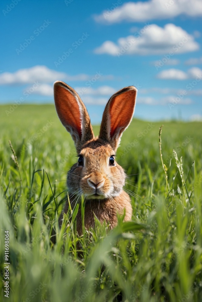 Fototapeta premium Hare Hidden in Green Field. Bunny in Field