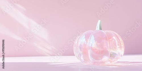 Fototapeta Naklejka Na Ścianę i Meble -  Glass holographic pumpkin on soft lilac background with space for text, soft pink fall background. A gentle concept for Thanksgiving and Halloween.