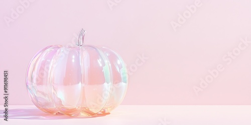 Fototapeta Naklejka Na Ścianę i Meble -  Glass holographic pumpkin on soft lilac background with space for text, soft pink fall background. A gentle concept for Thanksgiving and Halloween.