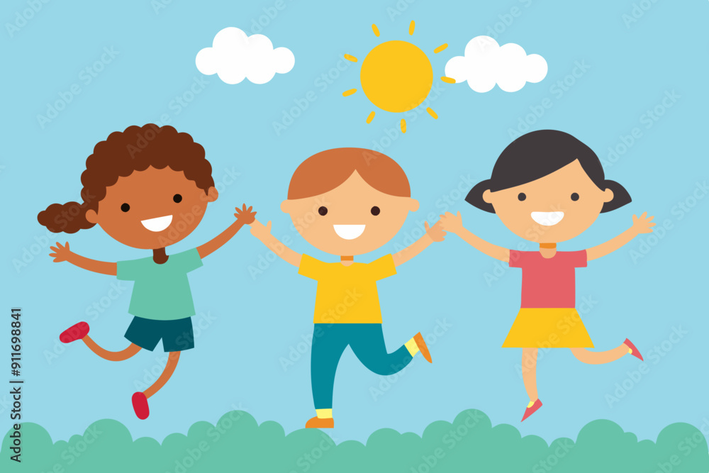 Vector illustration of happy kids jumping together during a sunny day Vector illustration of happy kids jumping together during a sunny day