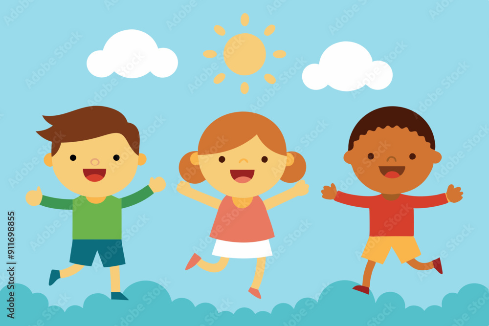 Vector illustration of happy kids jumping together during a sunny day