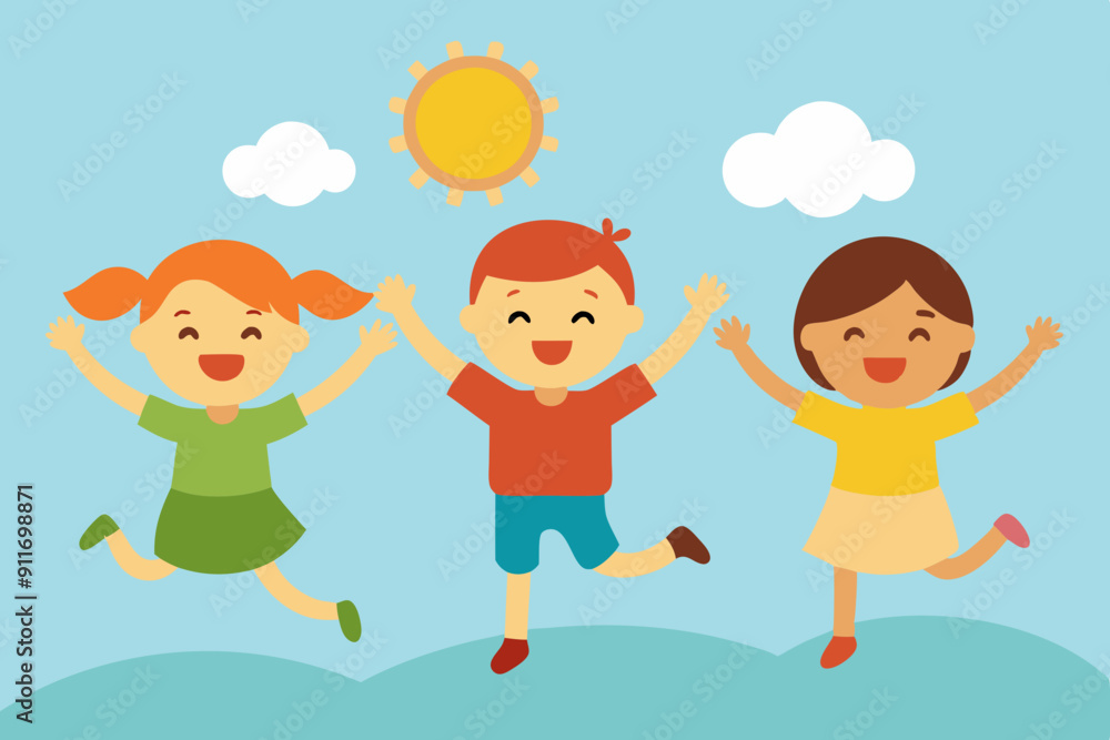 Vector illustration of happy kids jumping together during a sunny day Vector illustration of happy kids jumping together during a sunny day
