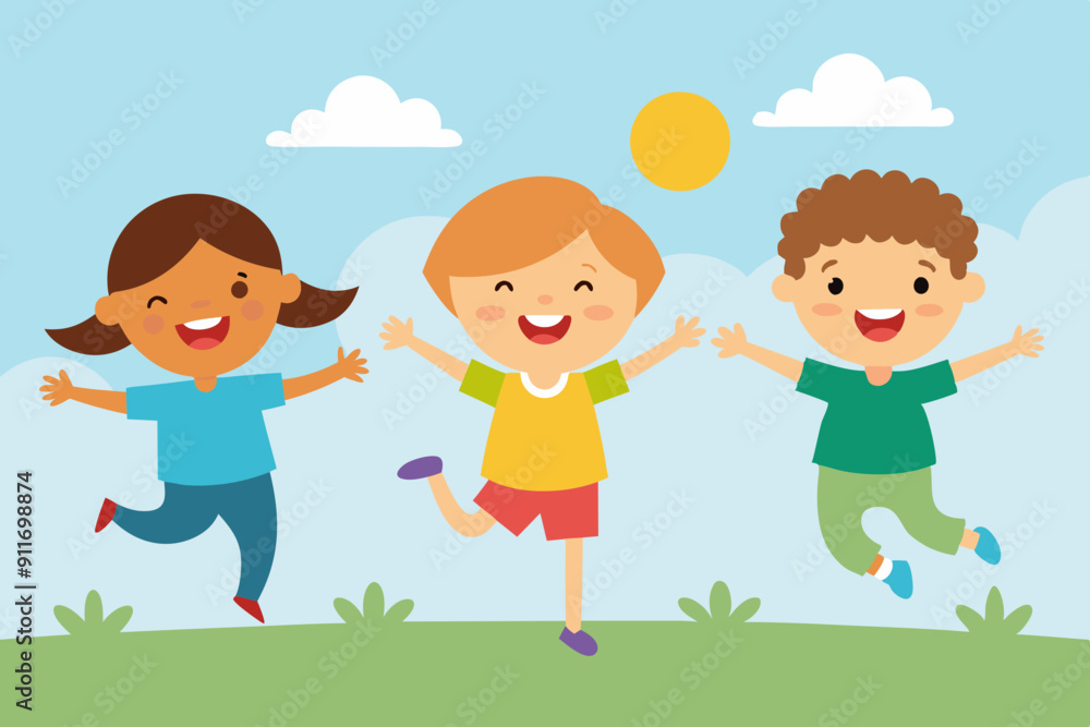 Vector illustration of happy kids jumping together during a sunny day Vector illustration of happy kids jumping together during a sunny day