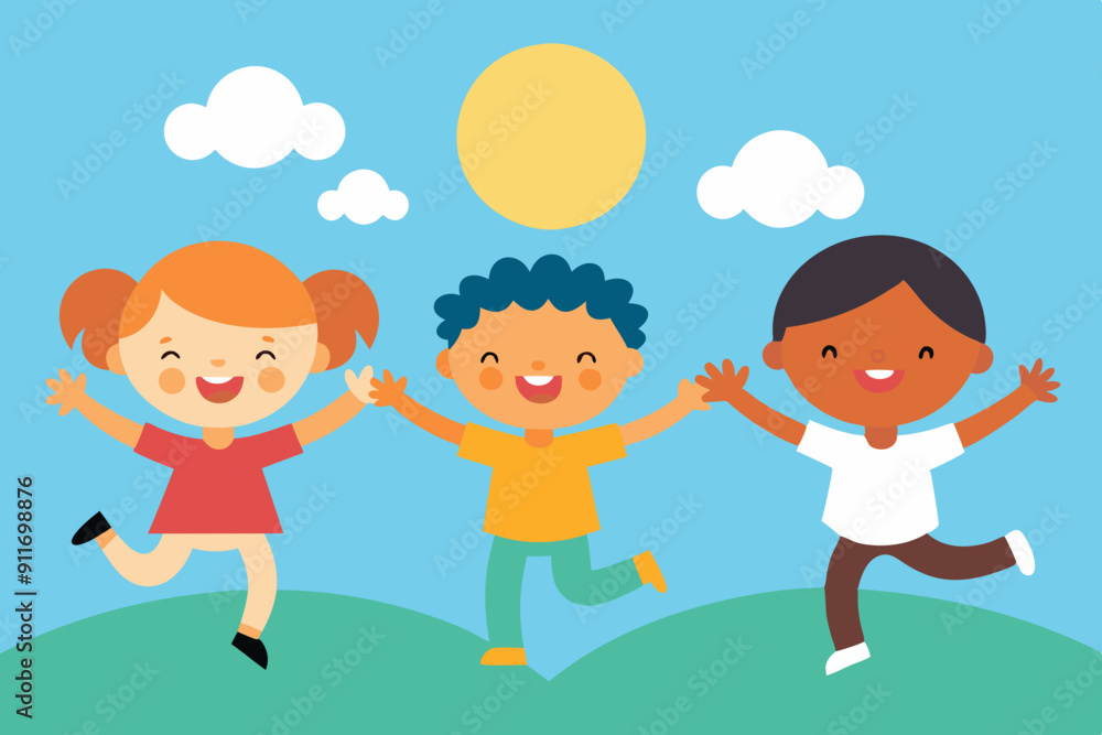 Vector illustration of happy kids jumping together during a sunny day Vector illustration of happy kids jumping together during a sunny day