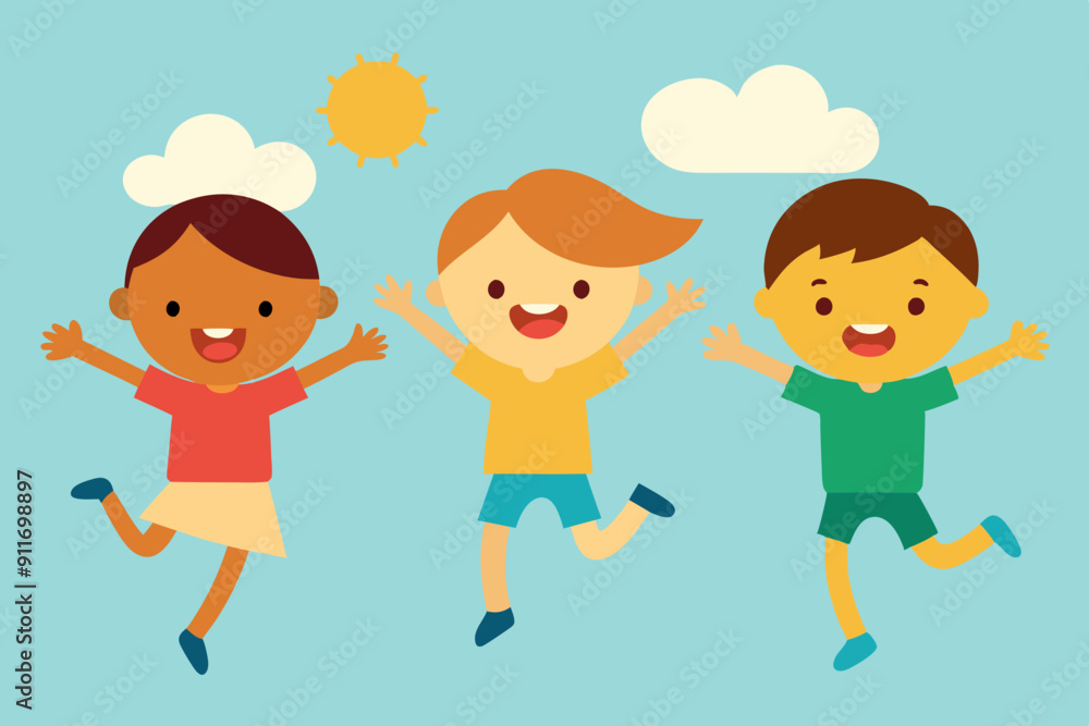 Vector illustration of happy kids jumping together during a sunny day