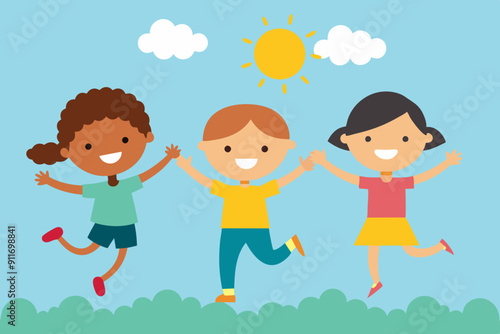 Vector illustration of happy kids jumping together during a sunny day