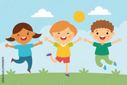 Vector illustration of happy kids jumping together during a sunny day