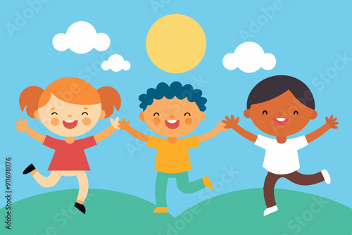 Vector illustration of happy kids jumping together during a sunny day