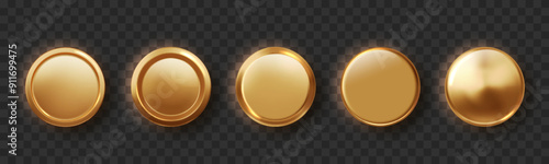 Golden button realistic isolated. Set of shiny round frames medal or coin, winner emblems. Realistic round shiny blank 3d medal for champions prize