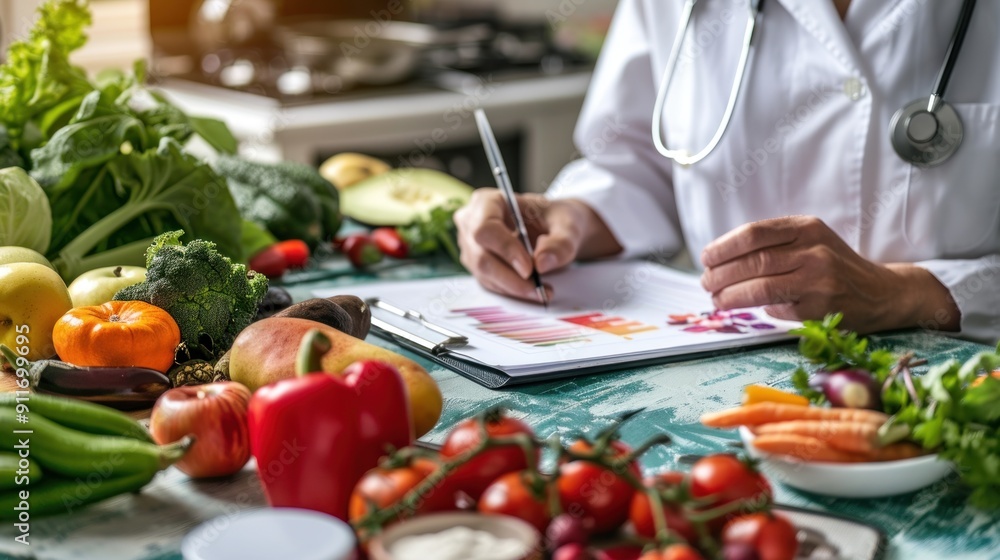 Doctor Examining Dietary Chart with Fresh Produce Doctor Examining Dietary Chart with Fresh Produce