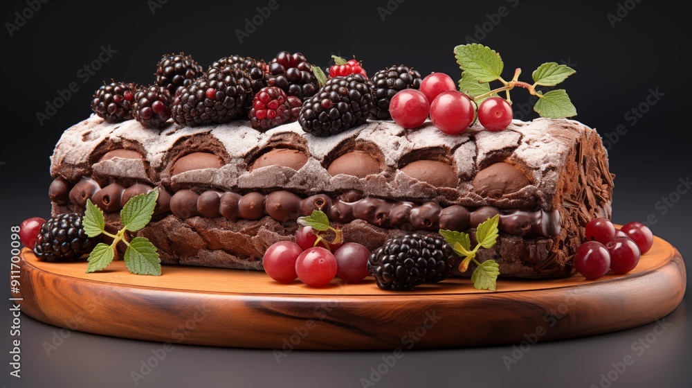 Detailed view of a fresh yule log, with delicious textures, front view from above, studio lighting, white background. Detailed view of a fresh yule log, with delicious textures, front view from above, studio lighting, white background.