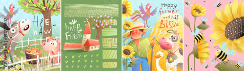 Happy farm or village abstract rustic designs with farm animals. Agriculture and rustic village flyers posters collection. Hand drawn cover design, agriculture abstract flyer vector illustration.