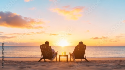 A serene sunset over a beach, showcasing two people relaxing in chairs, creating a perfect romantic getaway atmosphere.