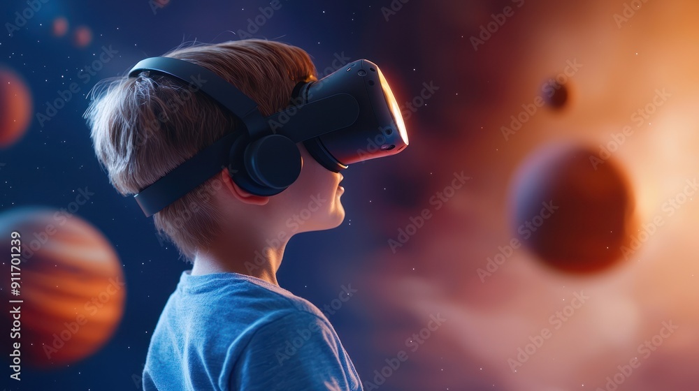 A young boy experiences virtual reality, immersed in a space-themed environment with planets and stars. A young boy experiences virtual reality, immersed in a space-themed environment with planets and stars.