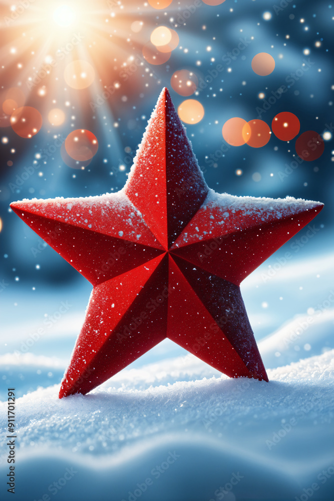 Vibrant red star with snowflakes falling around it, set against a backdrop of a blue sky. Vibrant red star with snowflakes falling around it, set against a backdrop of a blue sky.