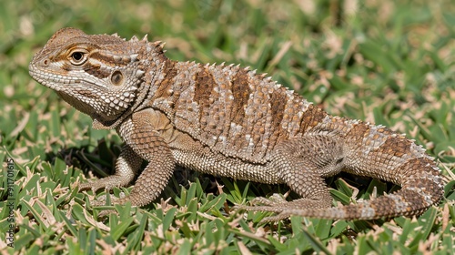  A close-up of a little lizard on a green grass field with a hazy background of blades