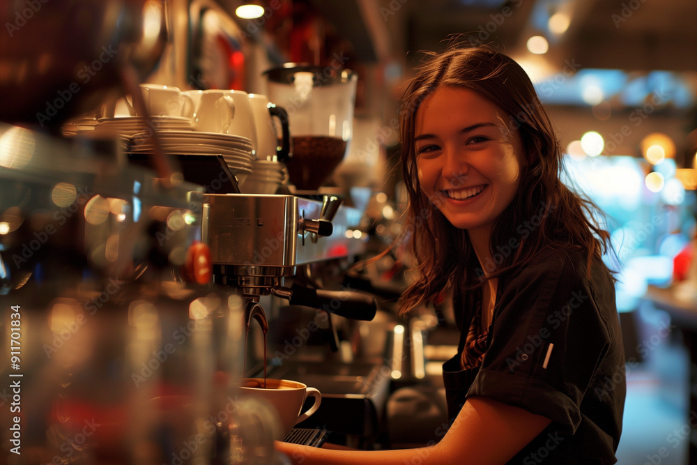 Young woman barista with flowing brown hair and casual attire, smiling while preparing coffee in a cozy, warmly-lit cafe. Young woman barista with flowing brown hair and casual attire, smiling while preparing coffee in a cozy, warmly-lit cafe.