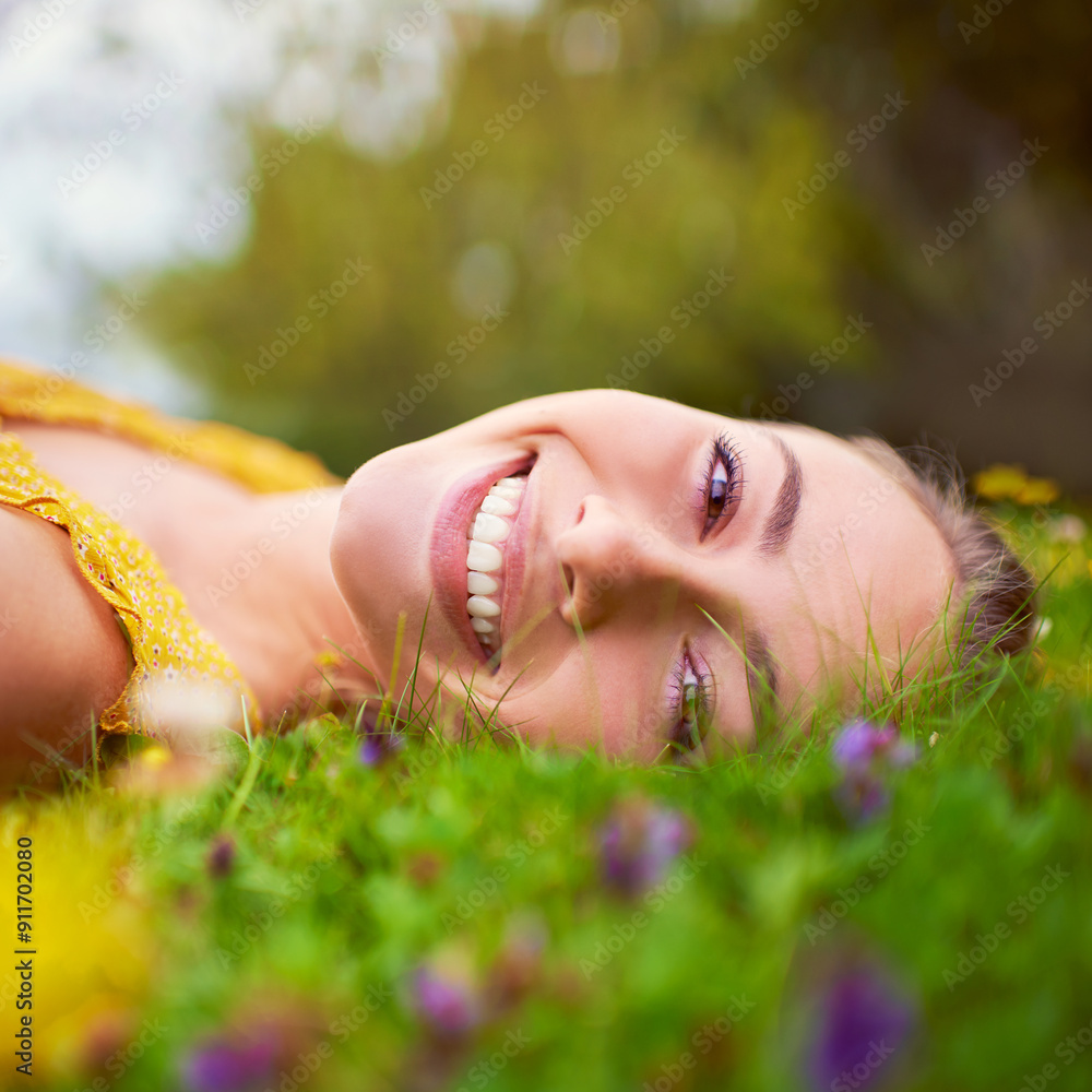 Happy woman, portrait and relax on field in outdoor, travel and countryside nature for peace or calm. Female person, rest and meadow for wellness, spring garden and flowers in park on holiday trip Happy woman, portrait and relax on field in outdoor, travel and countryside nature for peace or calm. Female person, rest and meadow for wellness, spring garden and flowers in park on holiday trip