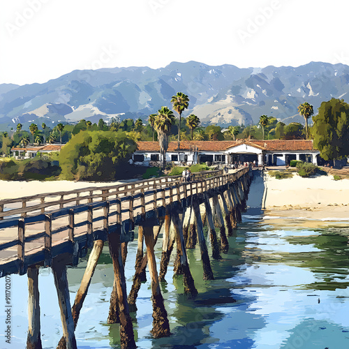 beautiful establishing shot above stearns wharf in santa barbara, california isolated on white background, pop-art, png photo