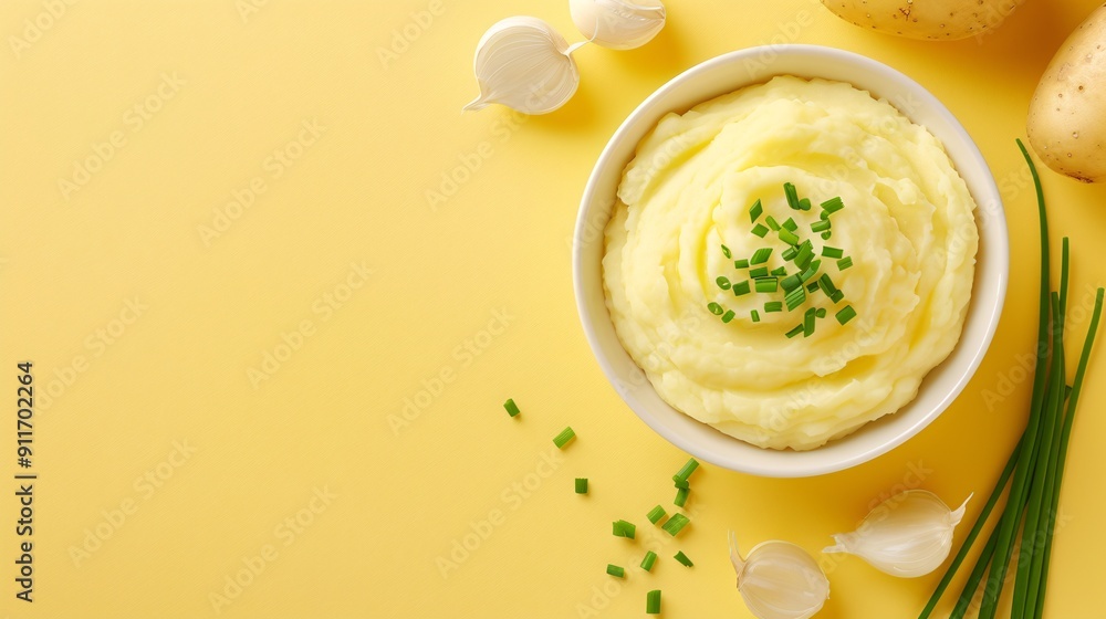 Mashed potatoes with garlic and chives on yellow background. Minimalistic style with vibrant colors. Flat lay view with copy space for text. Perfect for marketing materials, banners, and recipe backgr Mashed potatoes with garlic and chives on yellow background. Minimalistic style with vibrant colors. Flat lay view with copy space for text. Perfect for marketing materials, banners, and recipe backgr