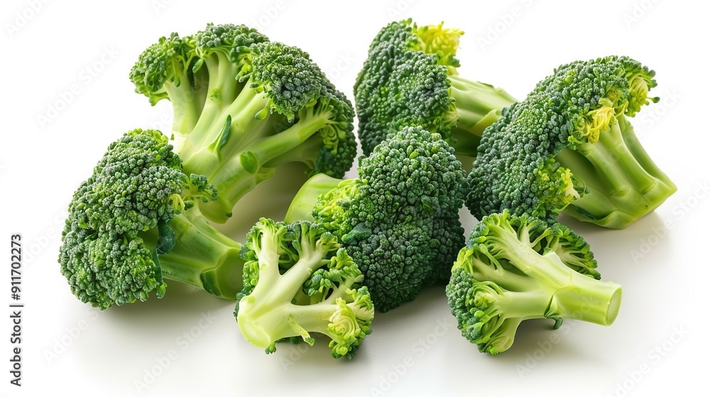 Broccoli clusters arranged on white plate against white backdrop Broccoli clusters arranged on white plate against white backdrop
