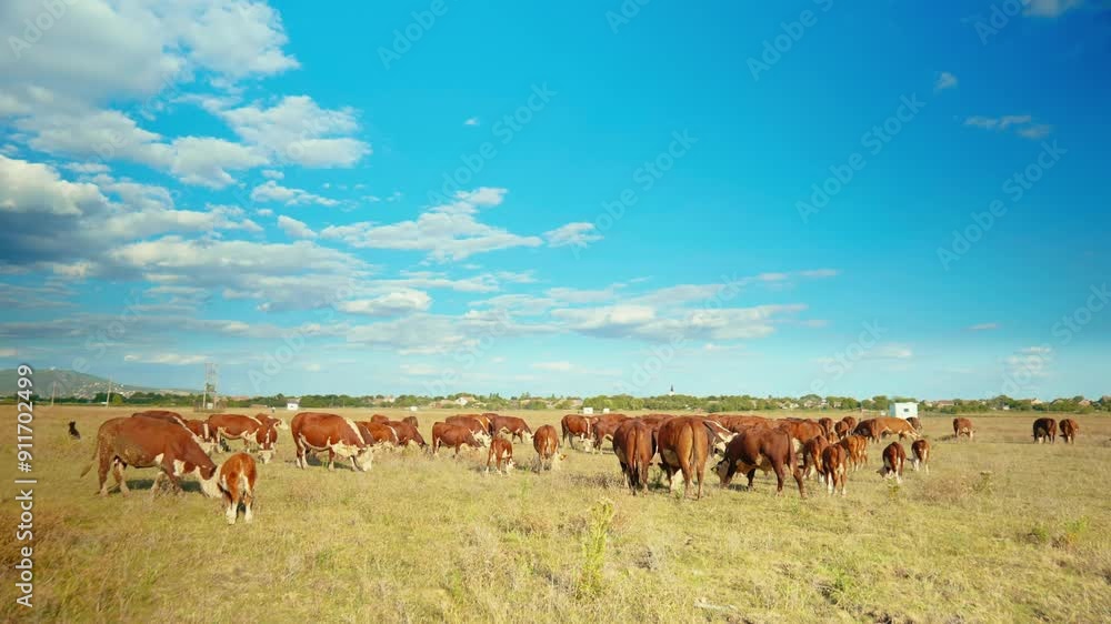 A peaceful rural scene with cows grazing in a green meadow under a blue sky A peaceful rural scene with cows grazing in a green meadow under a blue sky