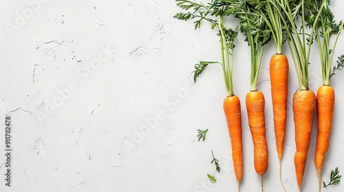   A cluster of carrots resting in unison on a white background with green foliage overhead photo